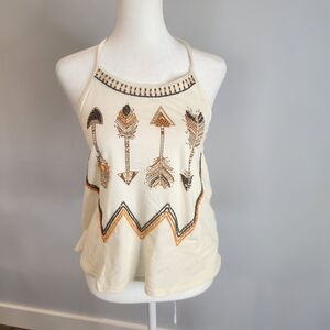 Boho Chic Altar'd State Ivory and Brown Beaded Halter Top S Western Festival